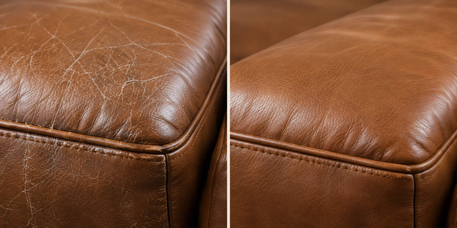 Crazed cognac leather ottoman corner beside the same corner after restoration