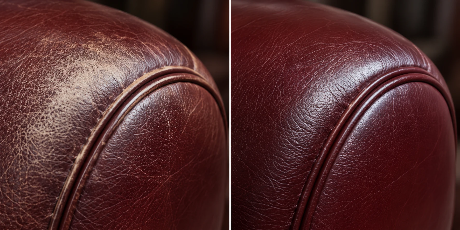 Worn patch on an oxblood leather armchair arm beside the same arm after restoration