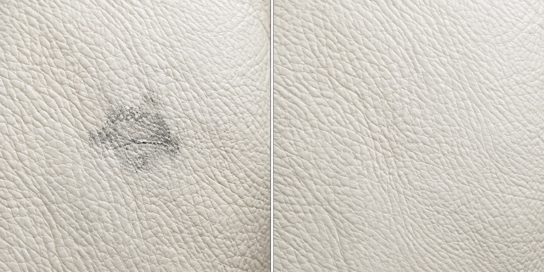 Dark mark on white leather beside the same panel after cleaning