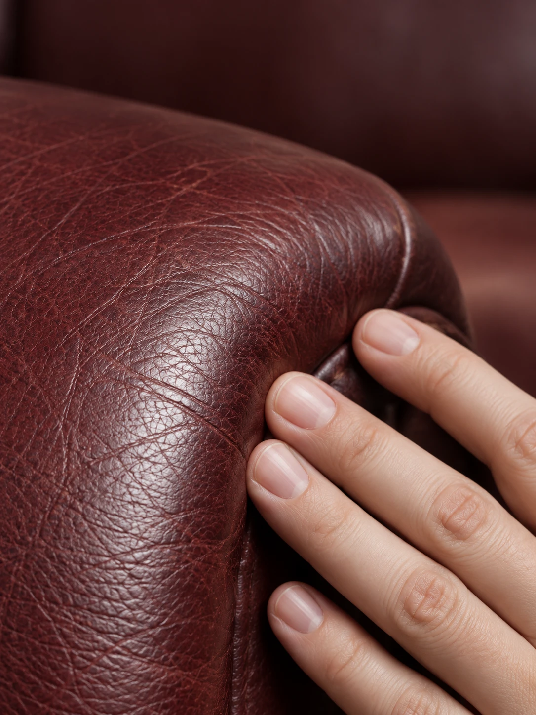 Hand resting on the arm of an oxblood leather armchair in raking light