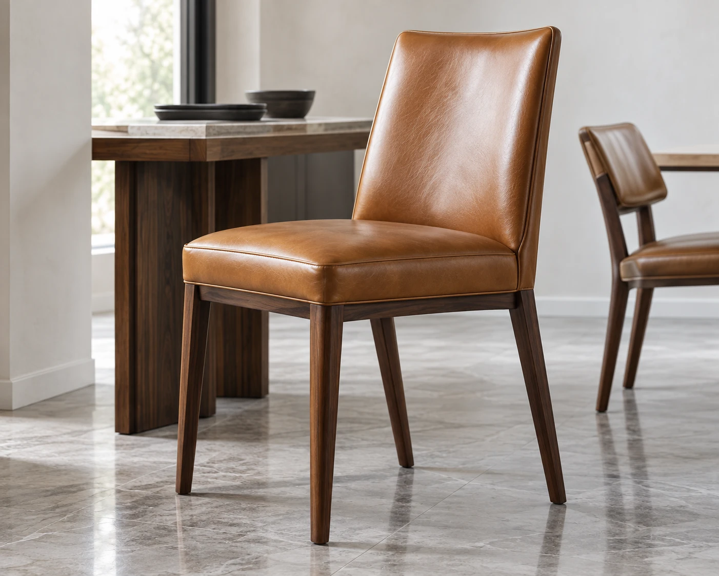 Tan leather dining chair with walnut legs beside a dining table