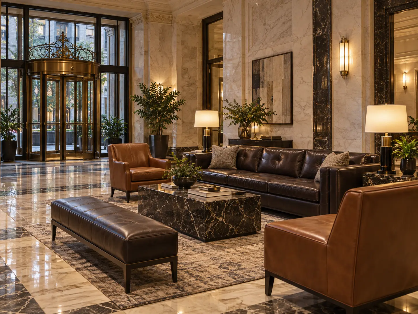 A pre-war co-op lobby with cognac leather seating and a dark bench