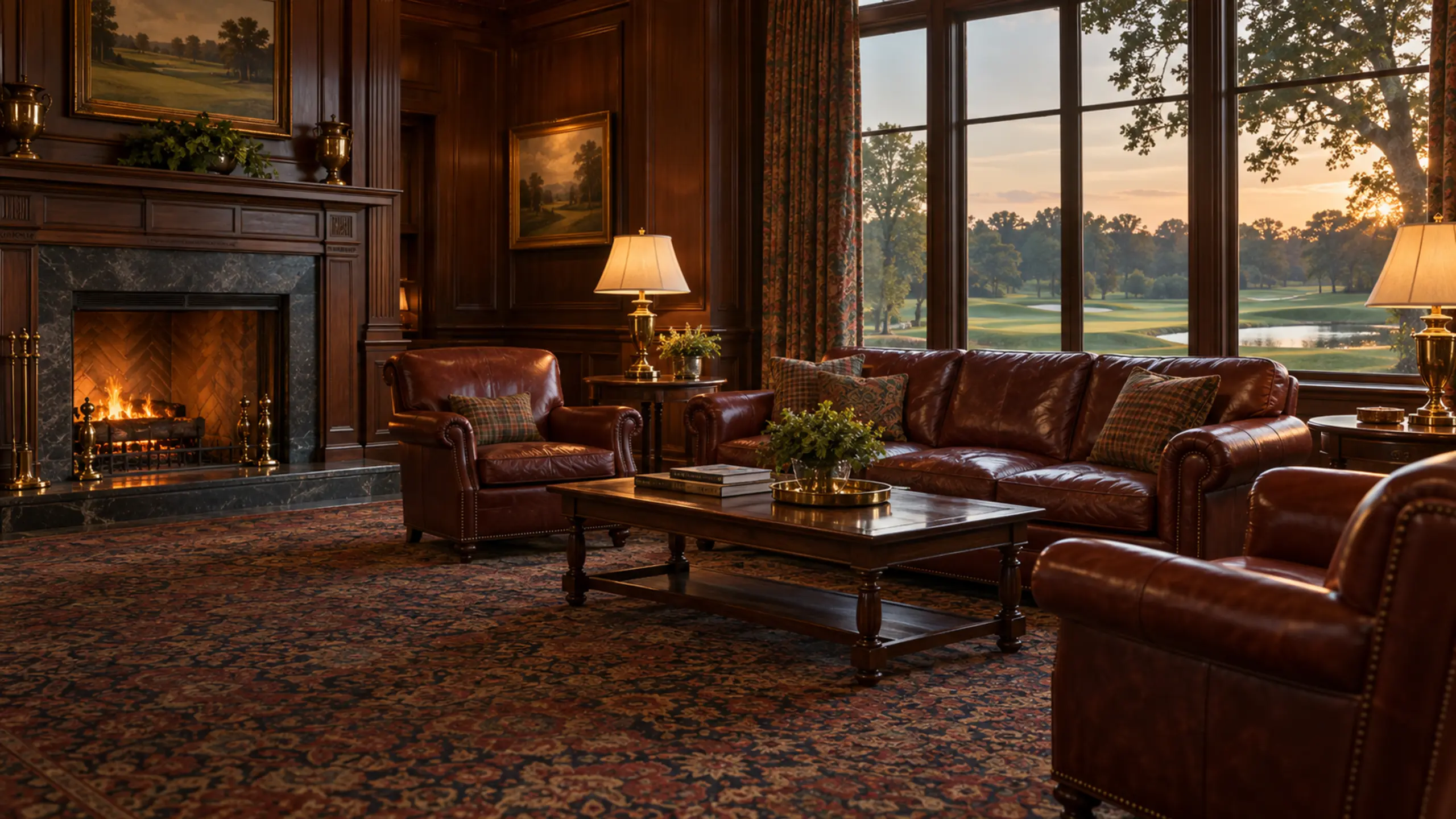 Private club furniture services — a clubhouse lounge of oxblood leather club chairs by tall windows