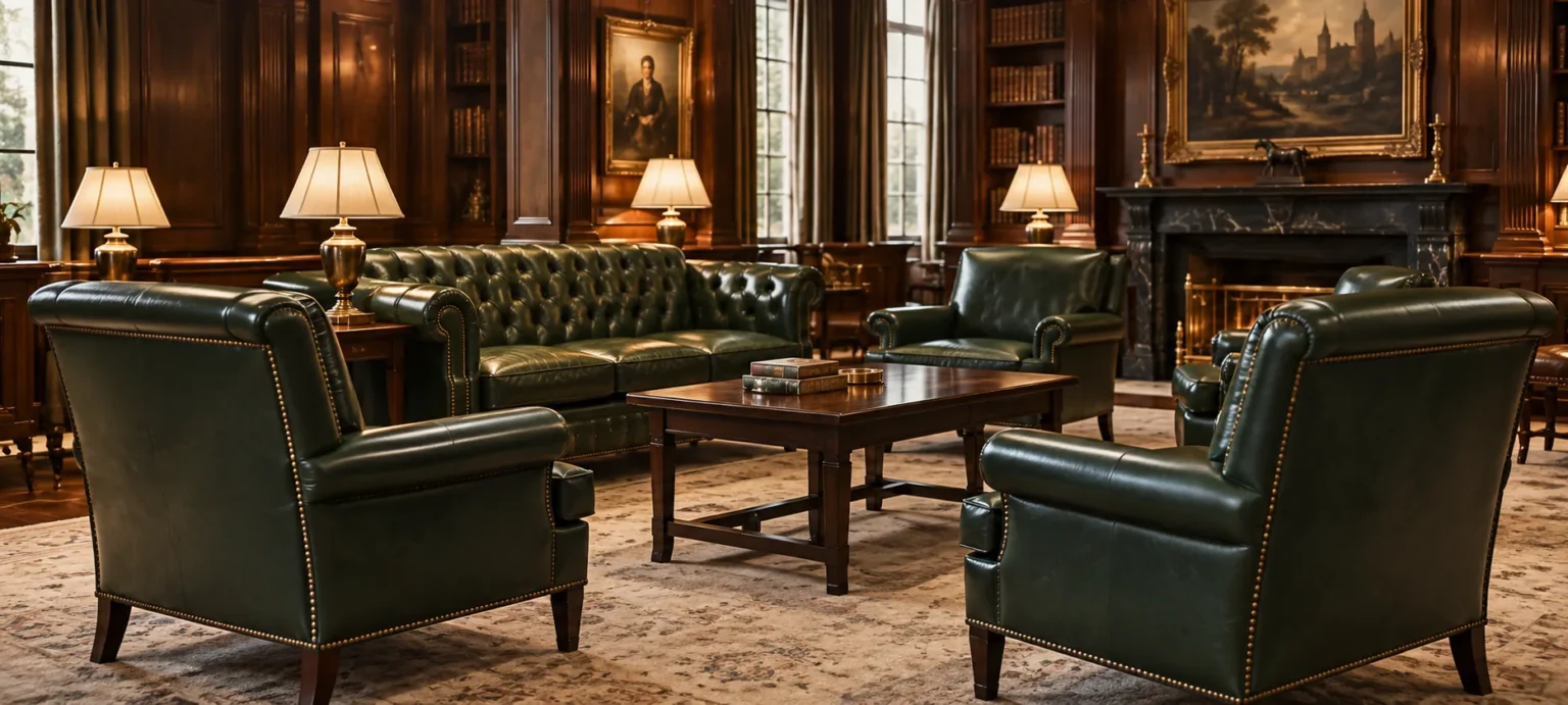Green leather chesterfields and club chairs in a private club lounge