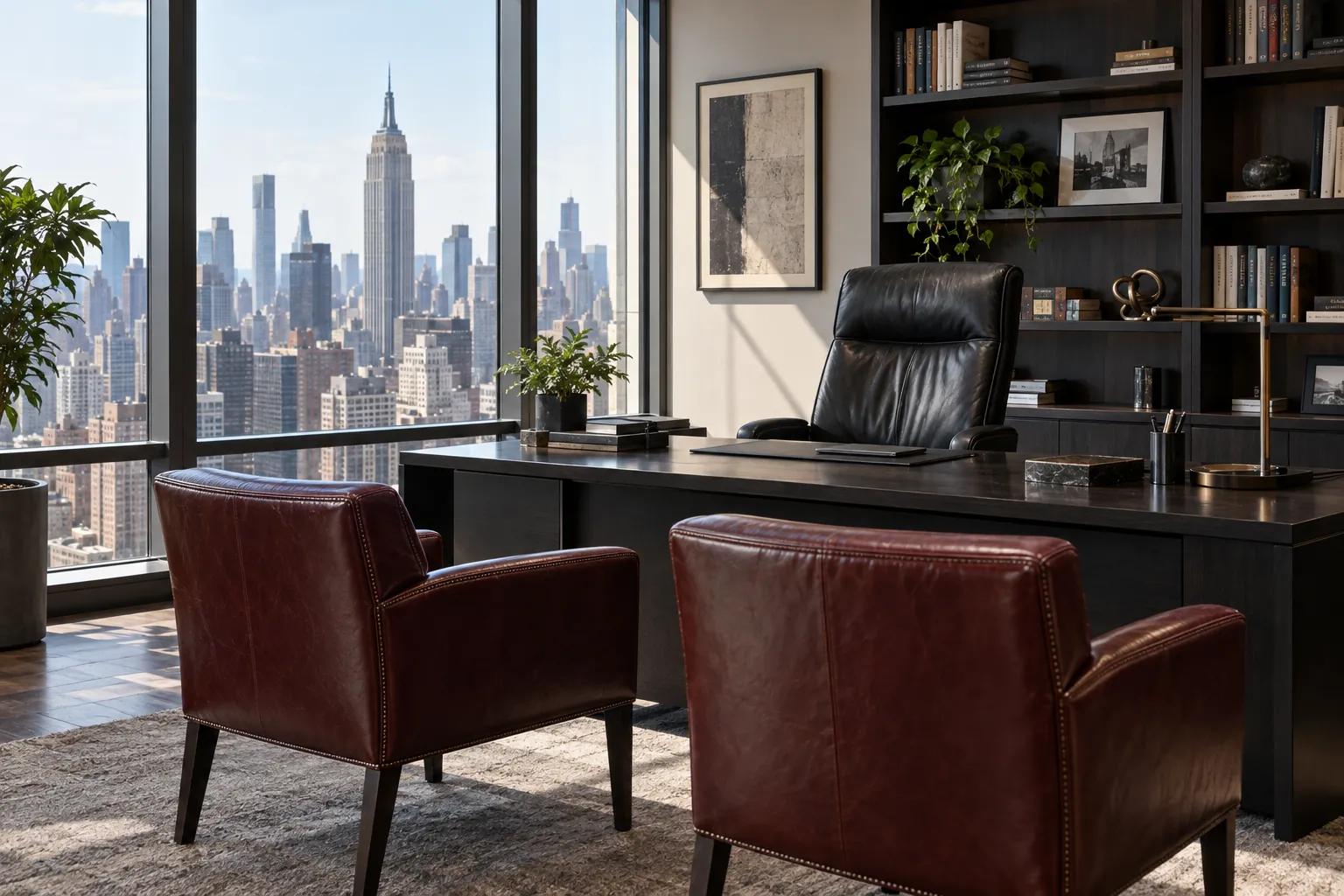 A private office with oxblood leather chairs