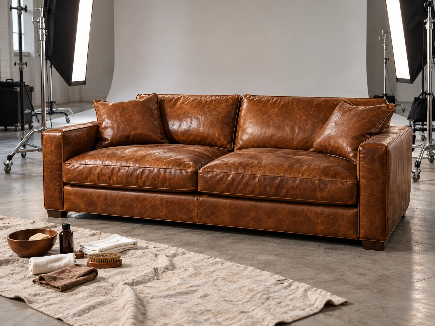 Repaired prop furniture checked under continuous studio light