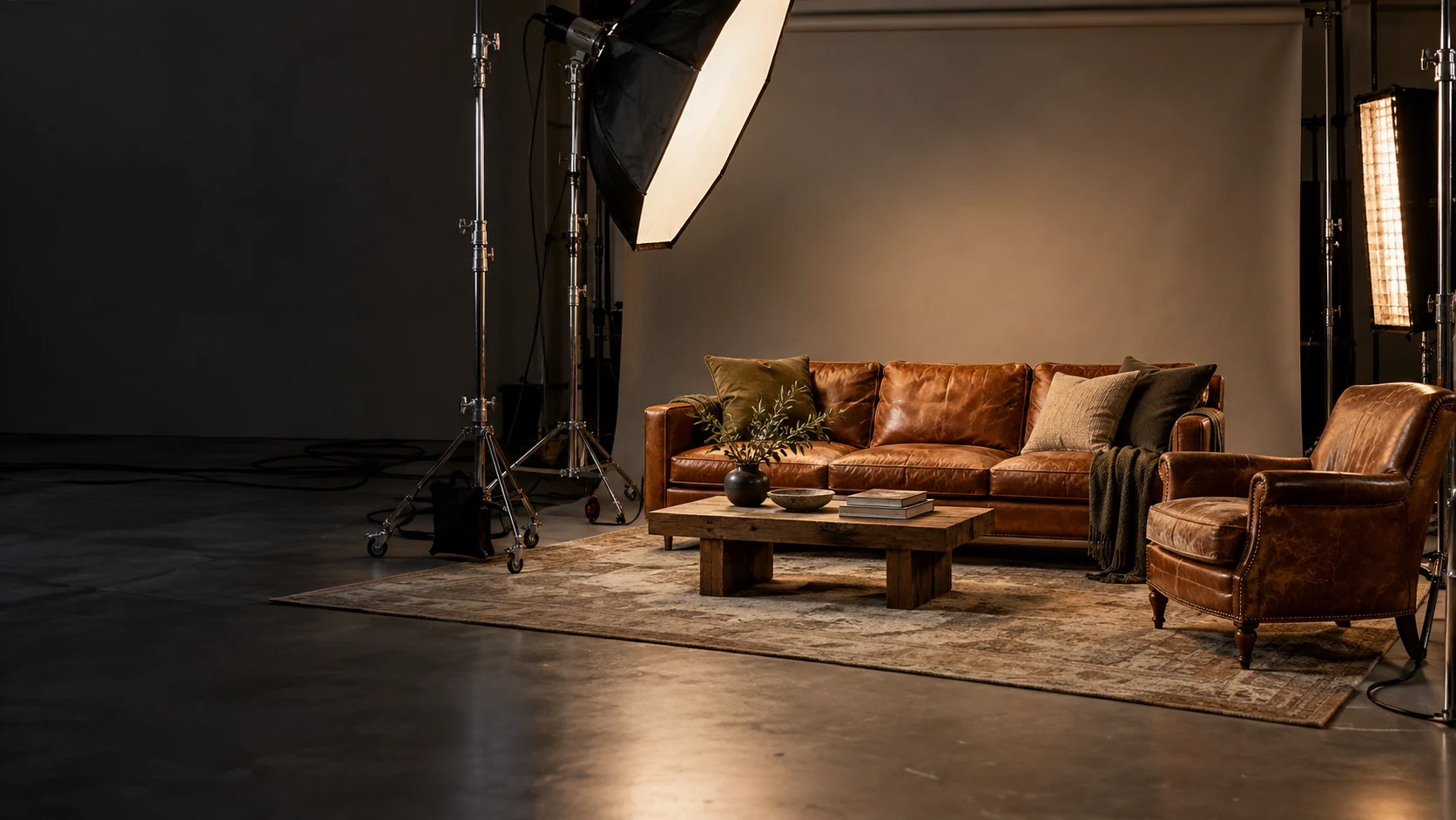 Prop furniture repair in NYC: a dressed furniture set under studio lights on a photography stage