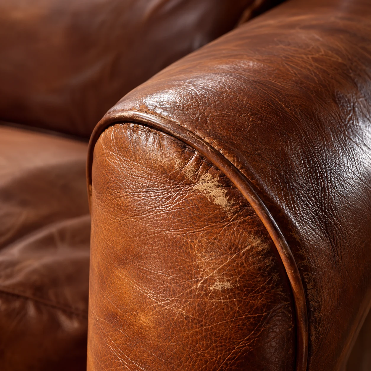 A scuffed sofa arm under studio light