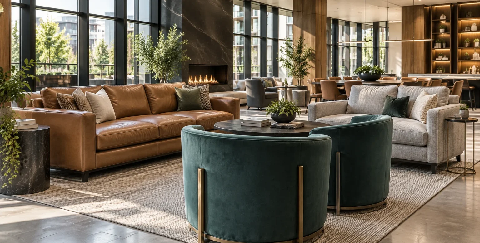 Amenity lounge with leather sofas and green armchairs by a fireplace