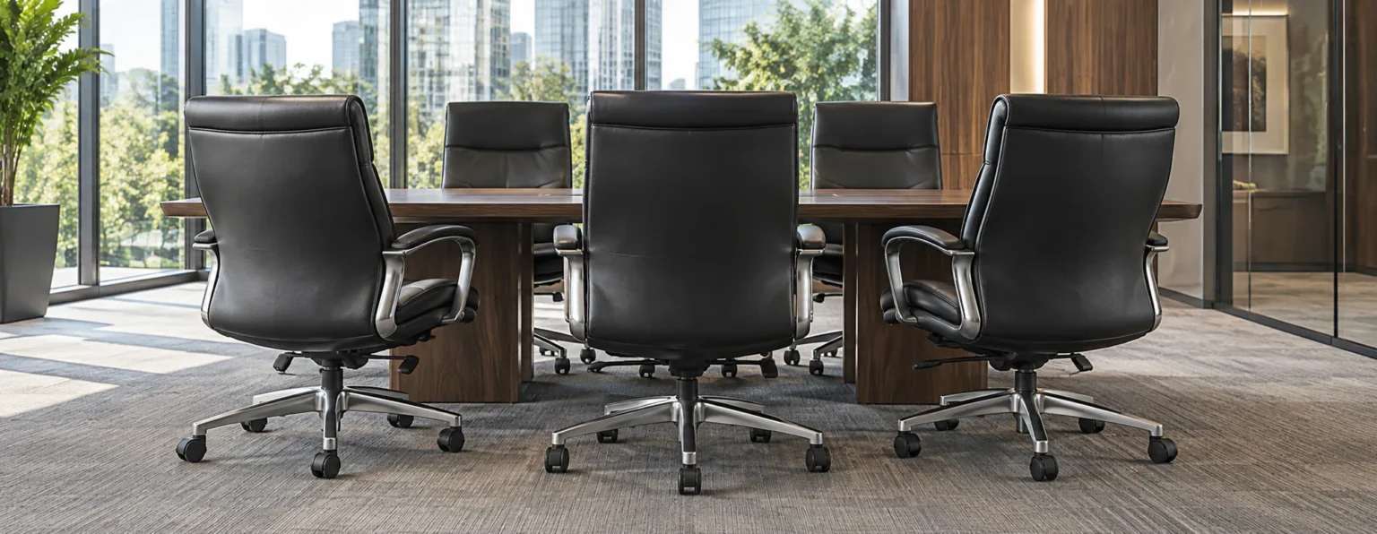 Black leather executive chairs around a conference table