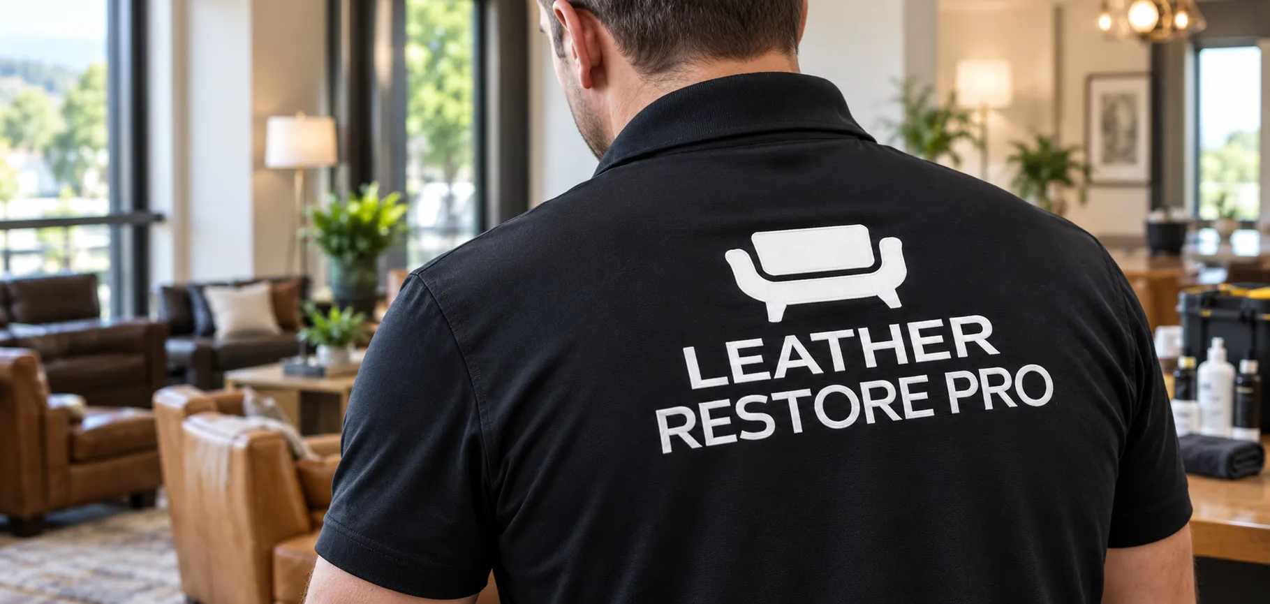 A technician walking through a hotel lounge after the work is finished