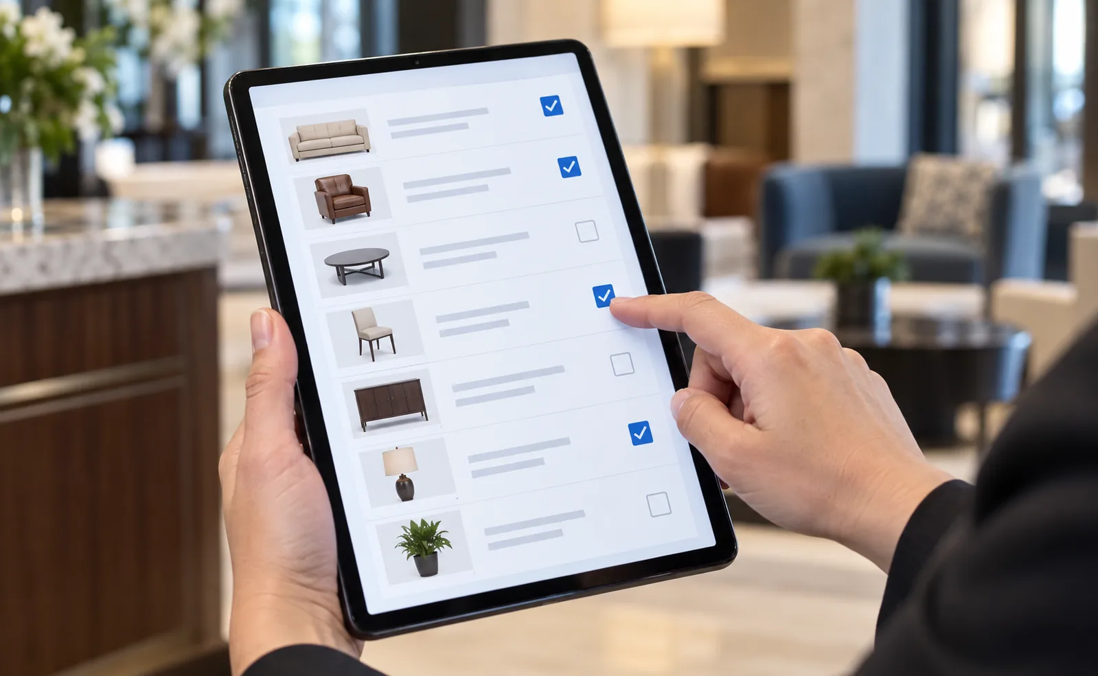 Furniture list being approved on a tablet