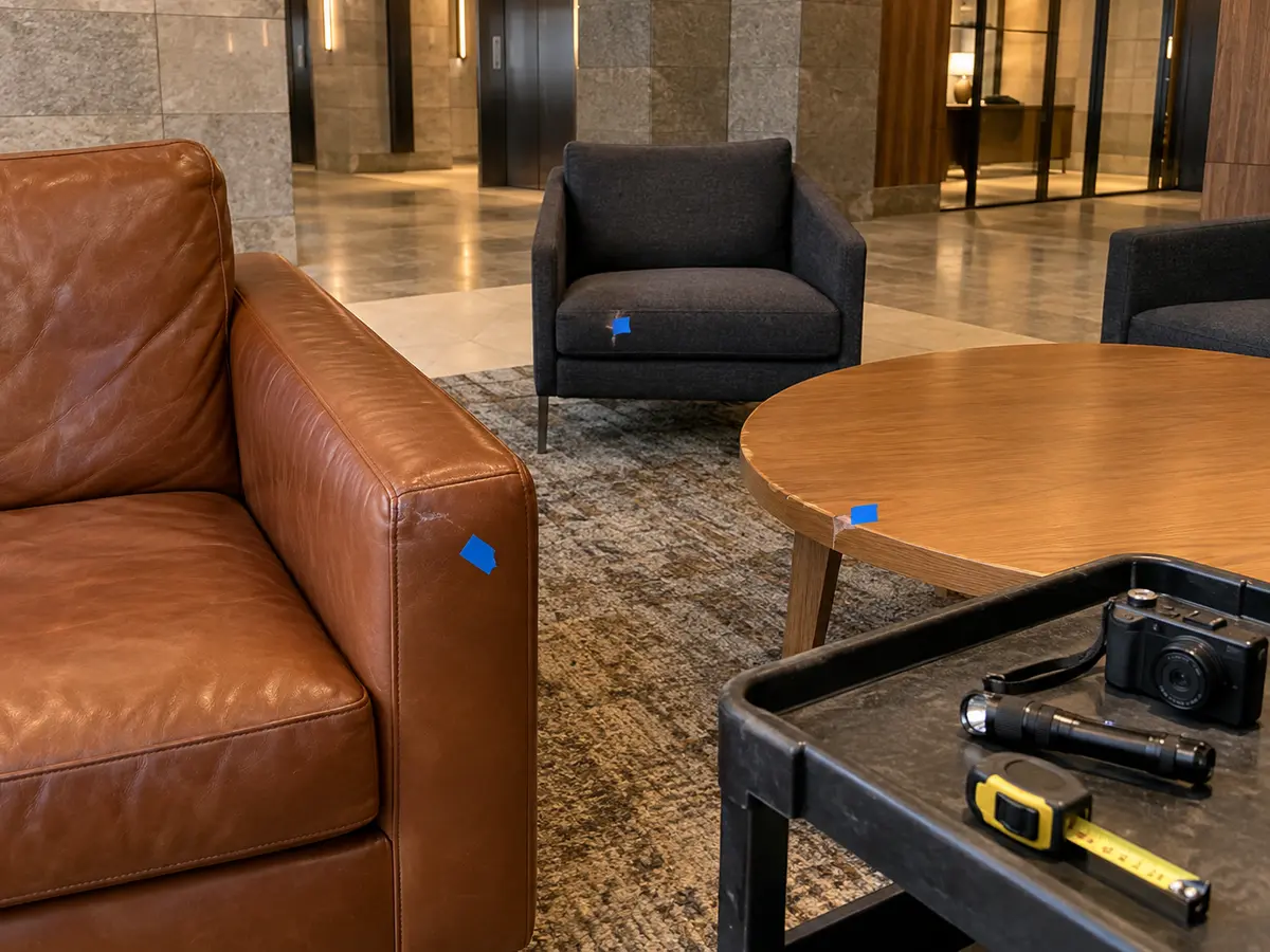Walkthrough of a furnished unit with tagged pieces