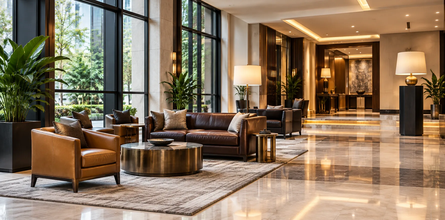 Hotel lobby with leather seating