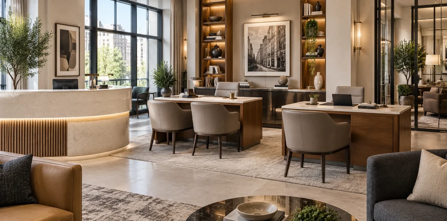 Leasing office with a reception desk and lounge seating