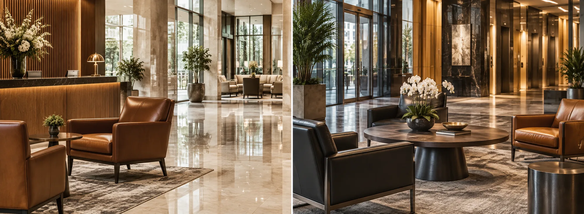 Matching leather lobby seating at two property locations