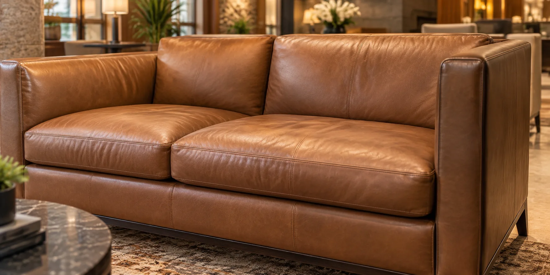 Tan leather sofa in a property lobby