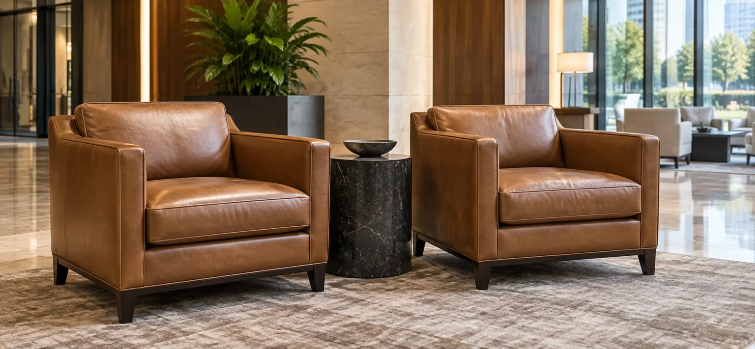 Two tan leather armchairs in a building lounge