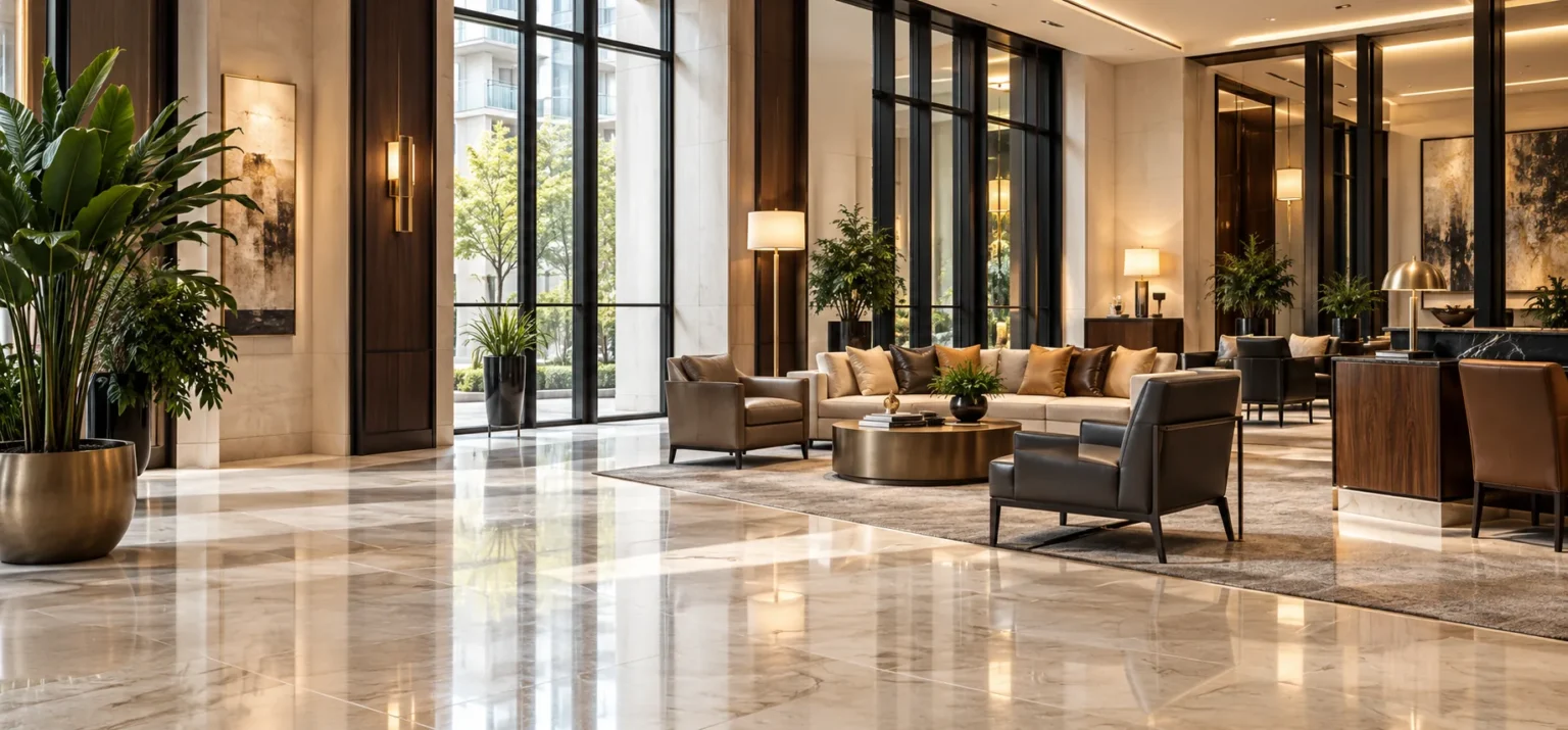 Bright residential lobby with lounge seating