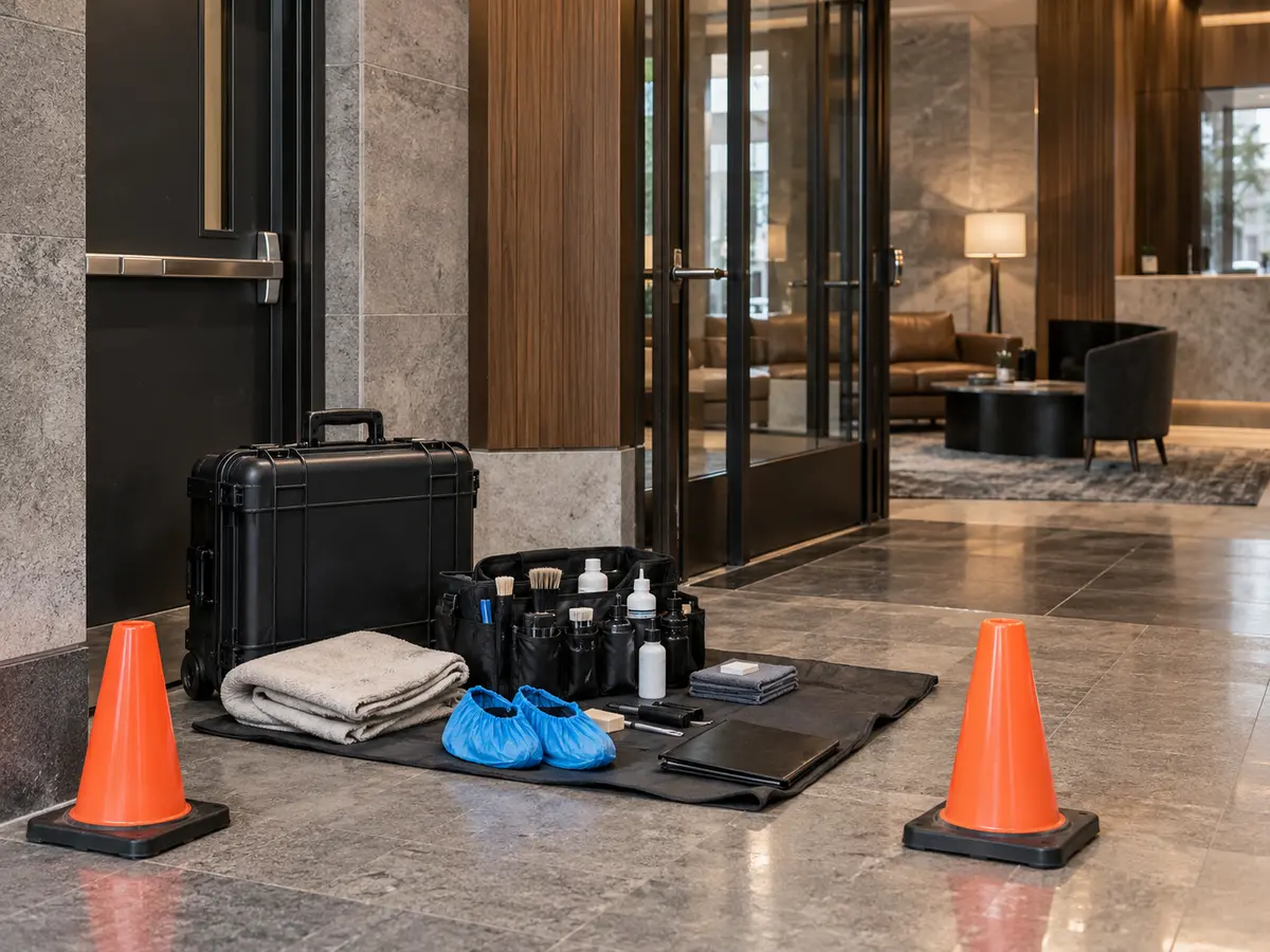 Cones, mats and a kit set out on a lobby floor