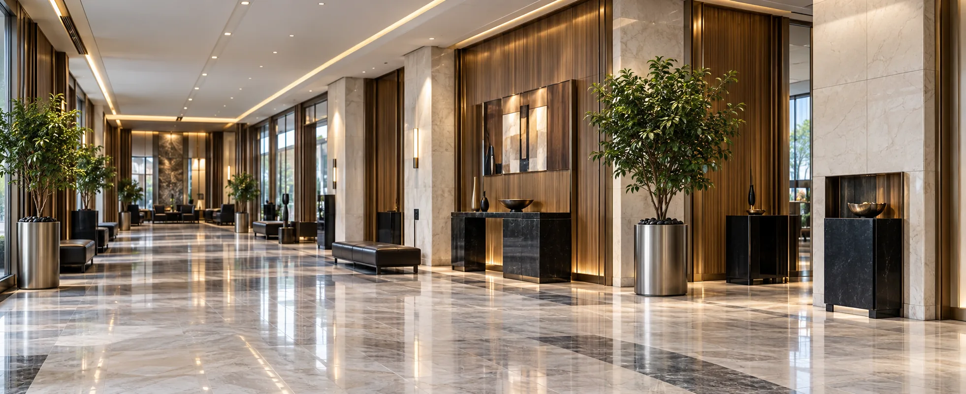 Residential building common-area corridor with seating and planters