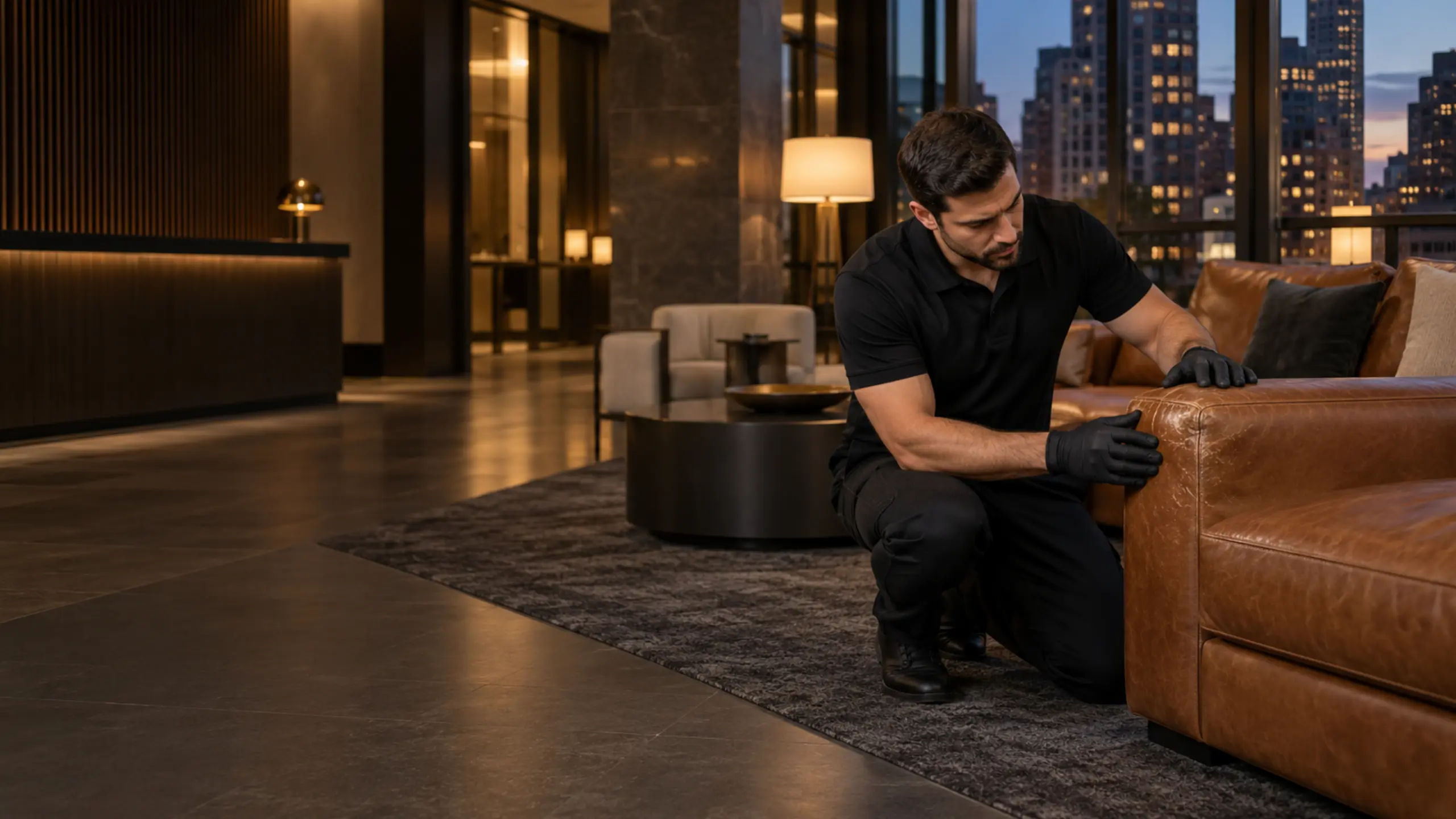 Property management furniture services NYC: a technician repairing a leather lobby sofa in a Manhattan building at dusk