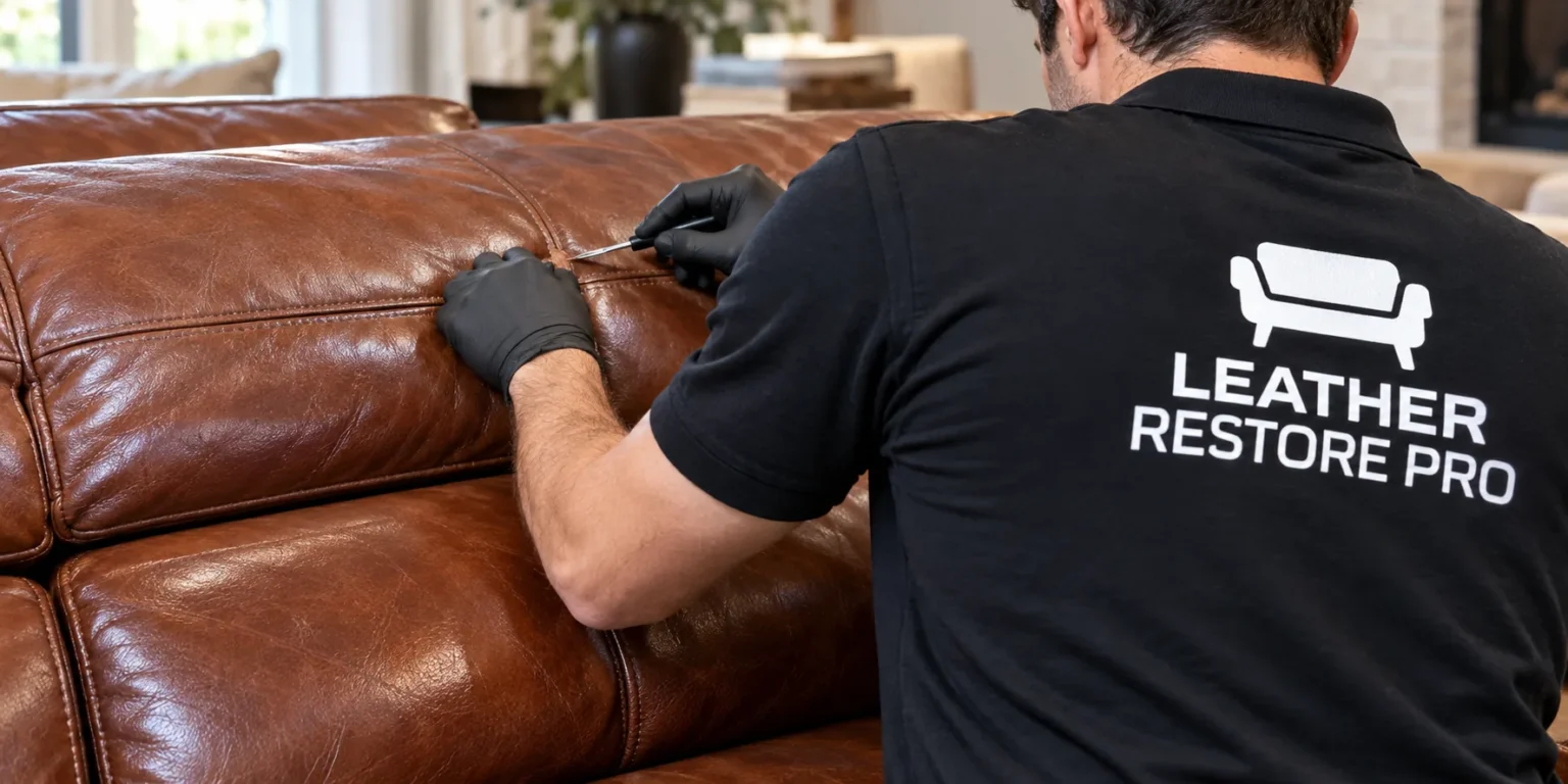 Technician repairing a leather sofa in a lobby
