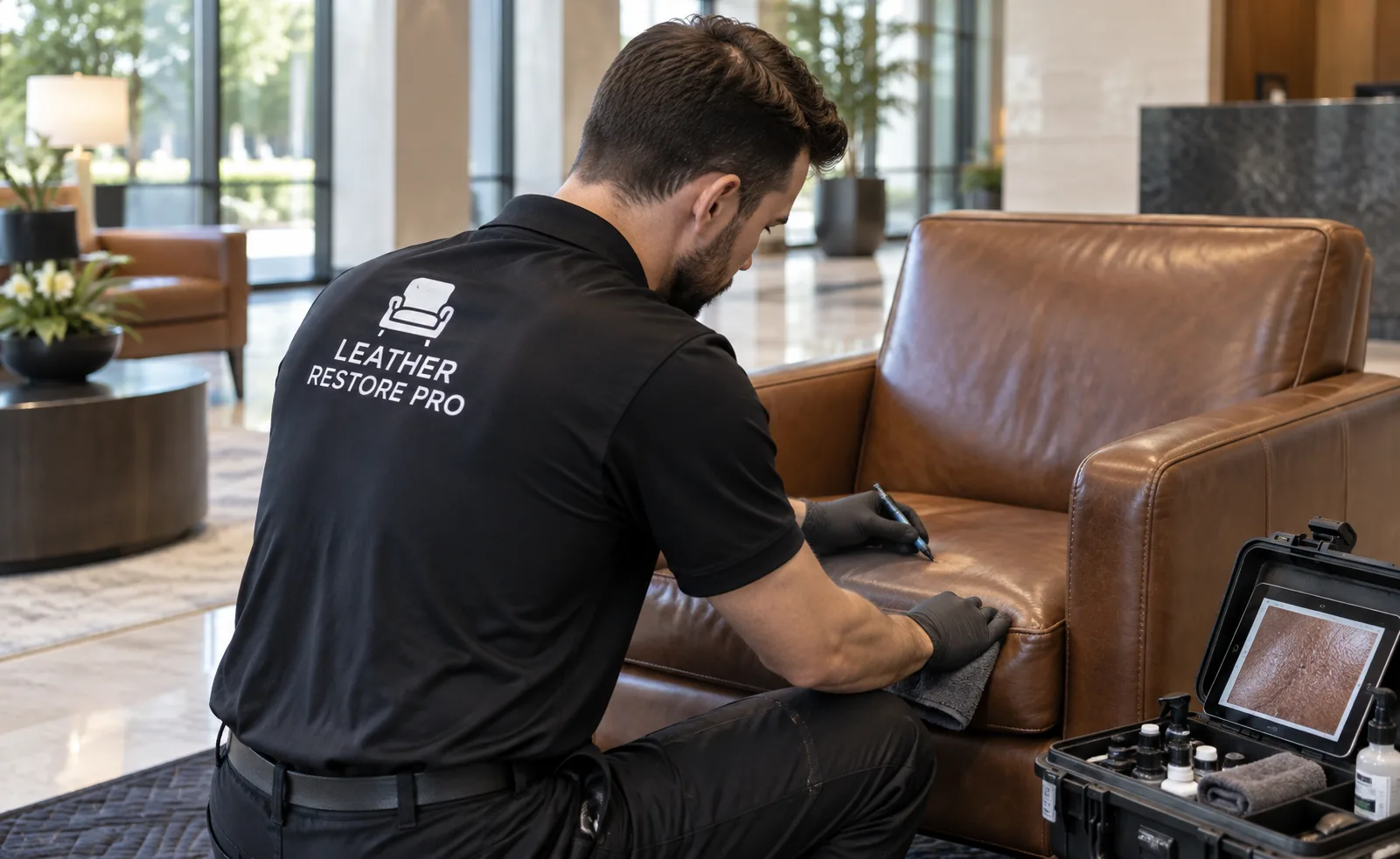 Technician working on a leather chair on site