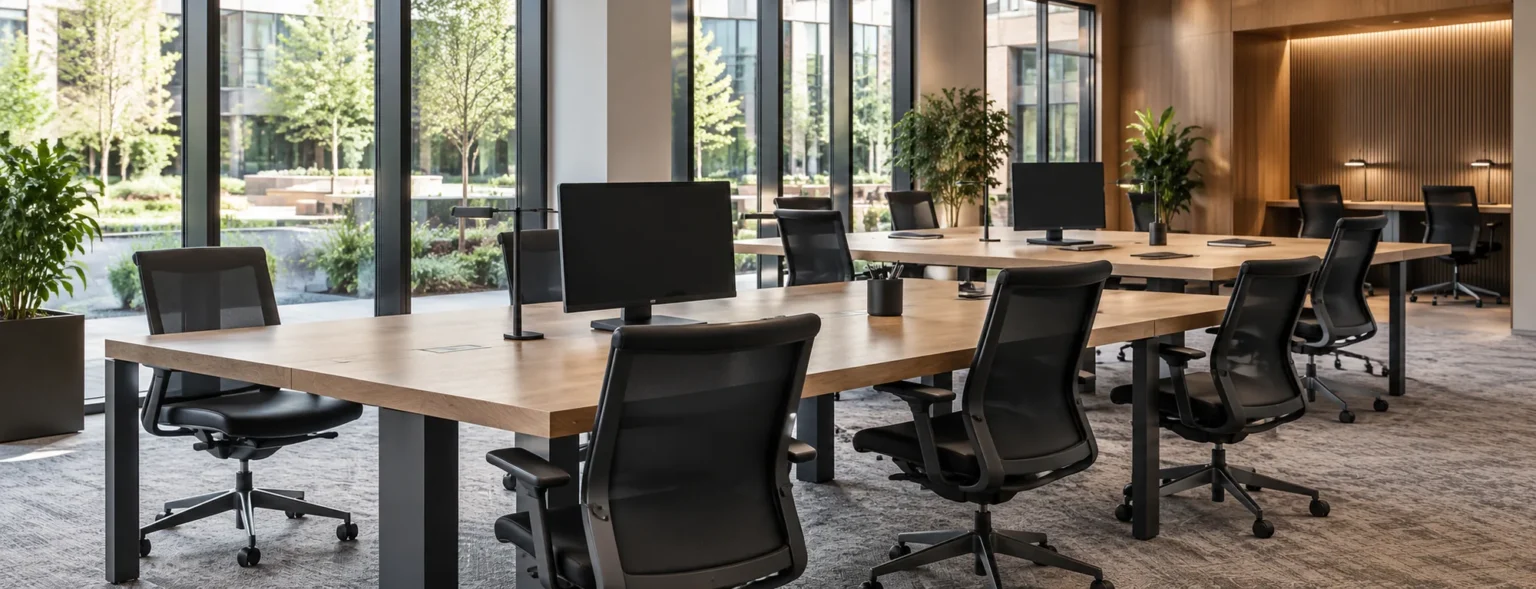Rows of black task chairs in a shared workspace