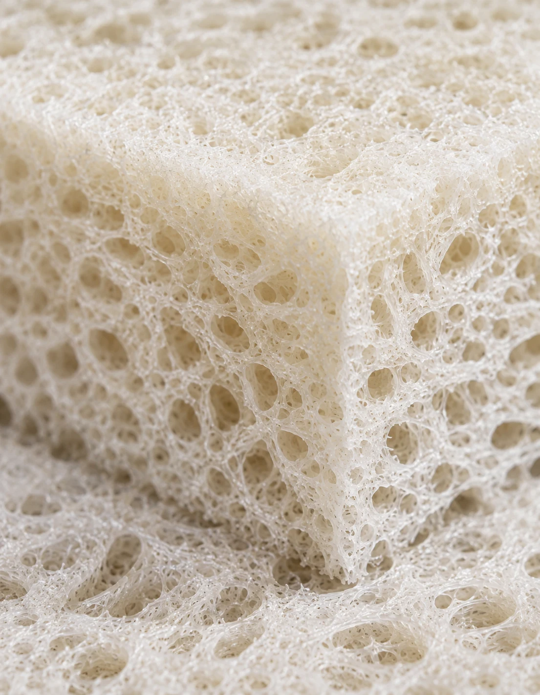Block of open-cell quick-dry outdoor foam with visible through-and-through porosity