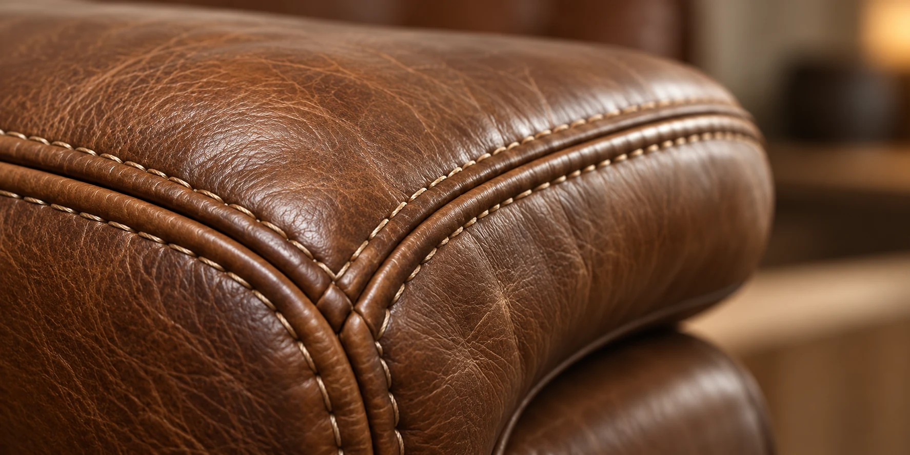 Double-stitched leather arm cap on a brown recliner