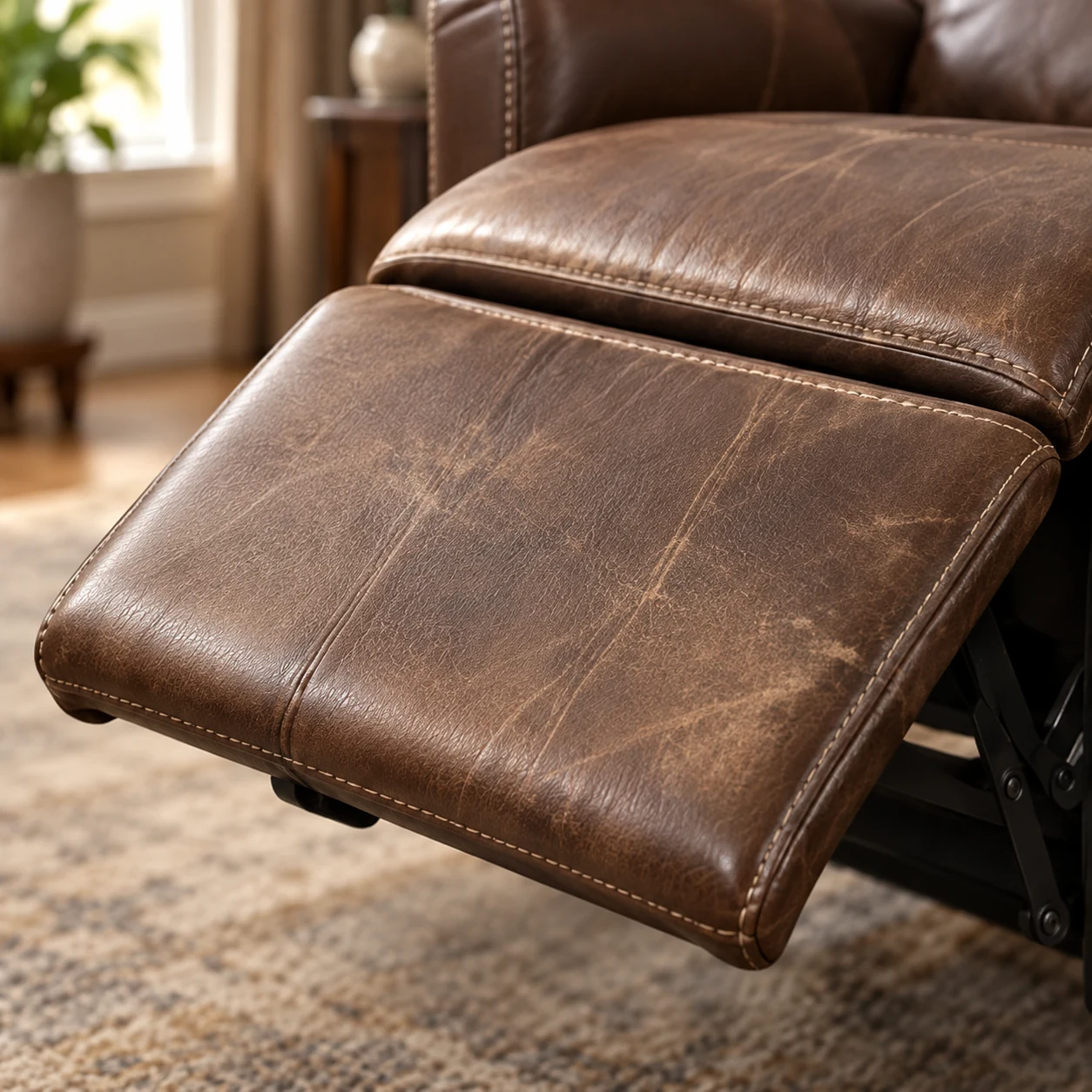 Worn and abraded leather on an extended recliner footrest