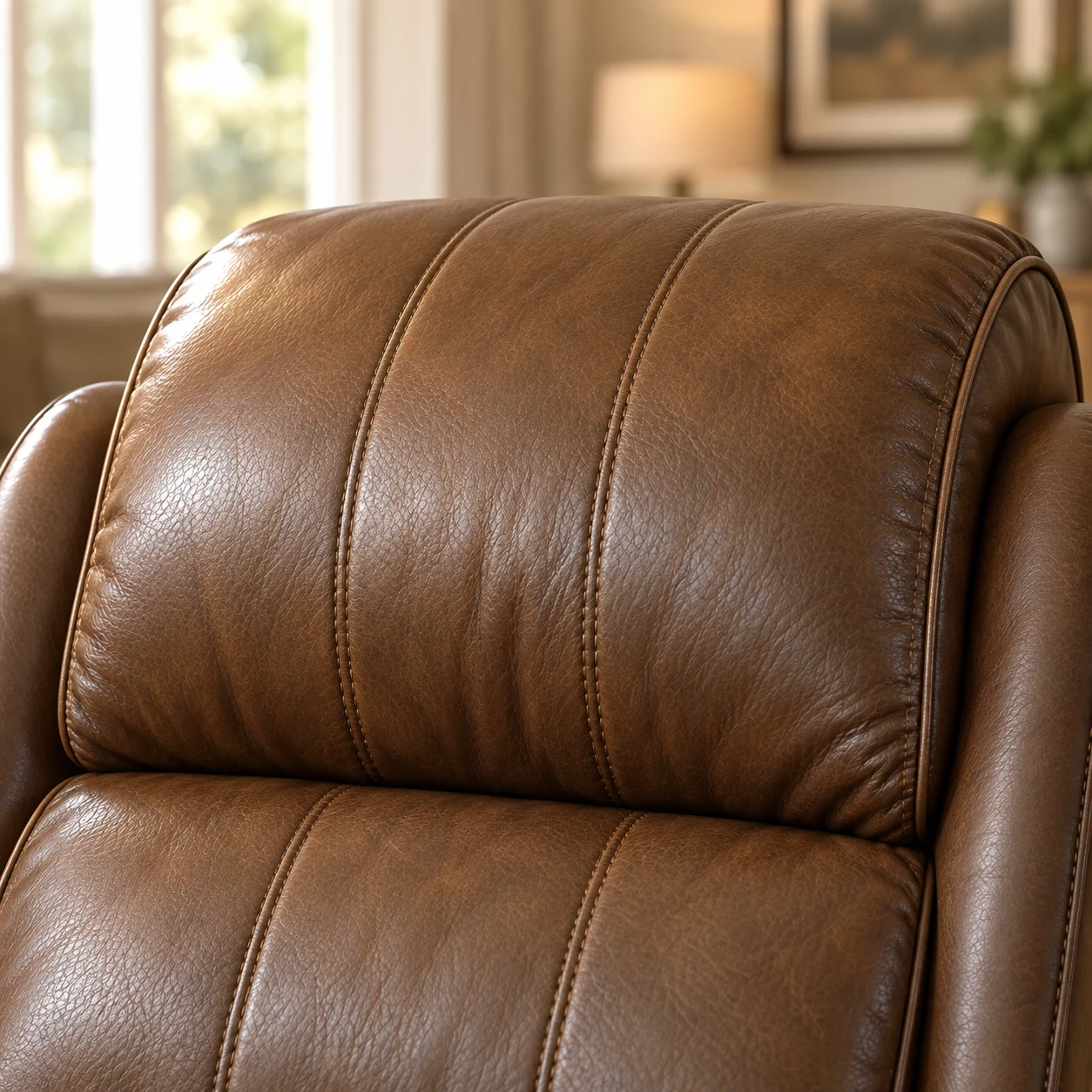 Channel-stitched leather headrest on a brown recliner