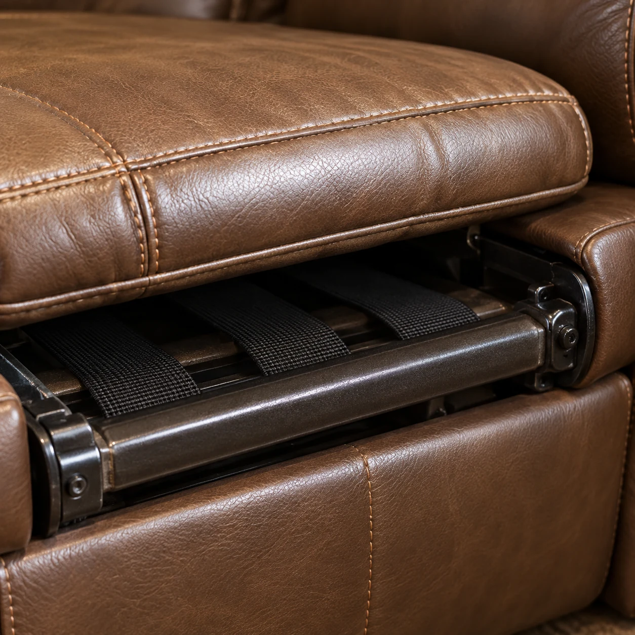 Steel recliner mechanism and seat deck support exposed under the cushion
