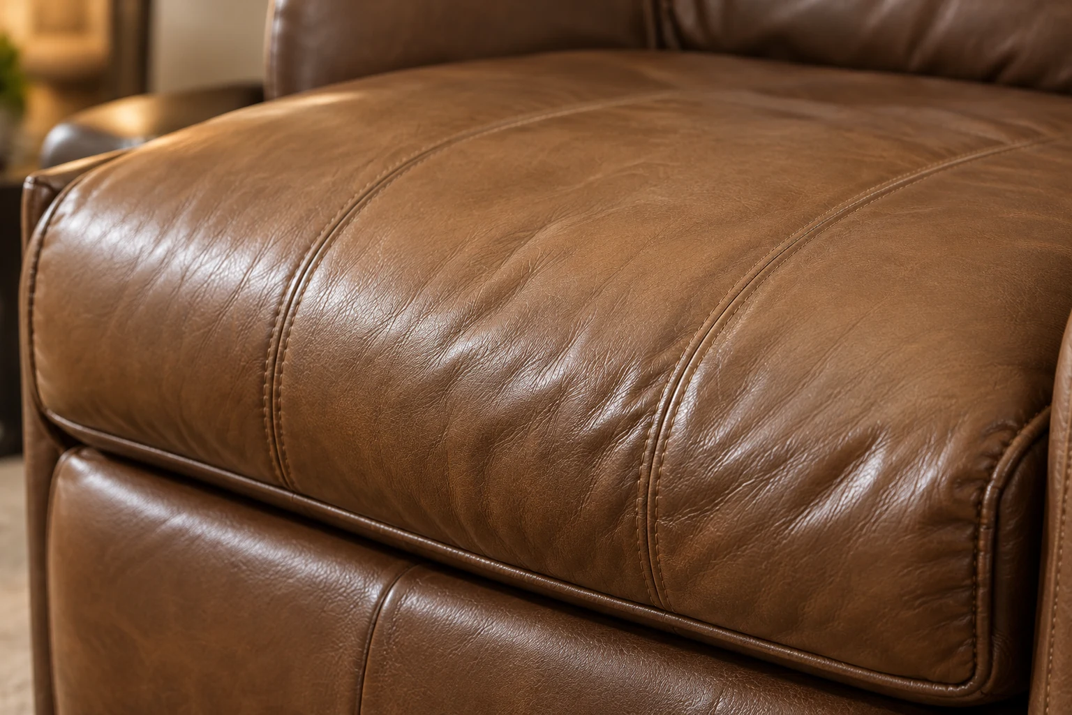 Caramel leather seat cushion on a recliner after padding work