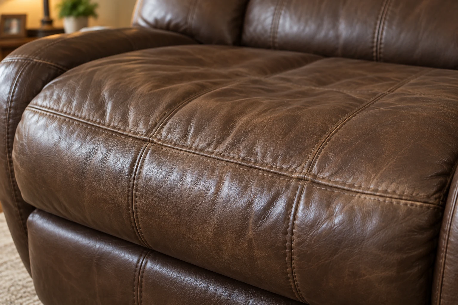 Sagging and worn brown leather recliner seat cushion