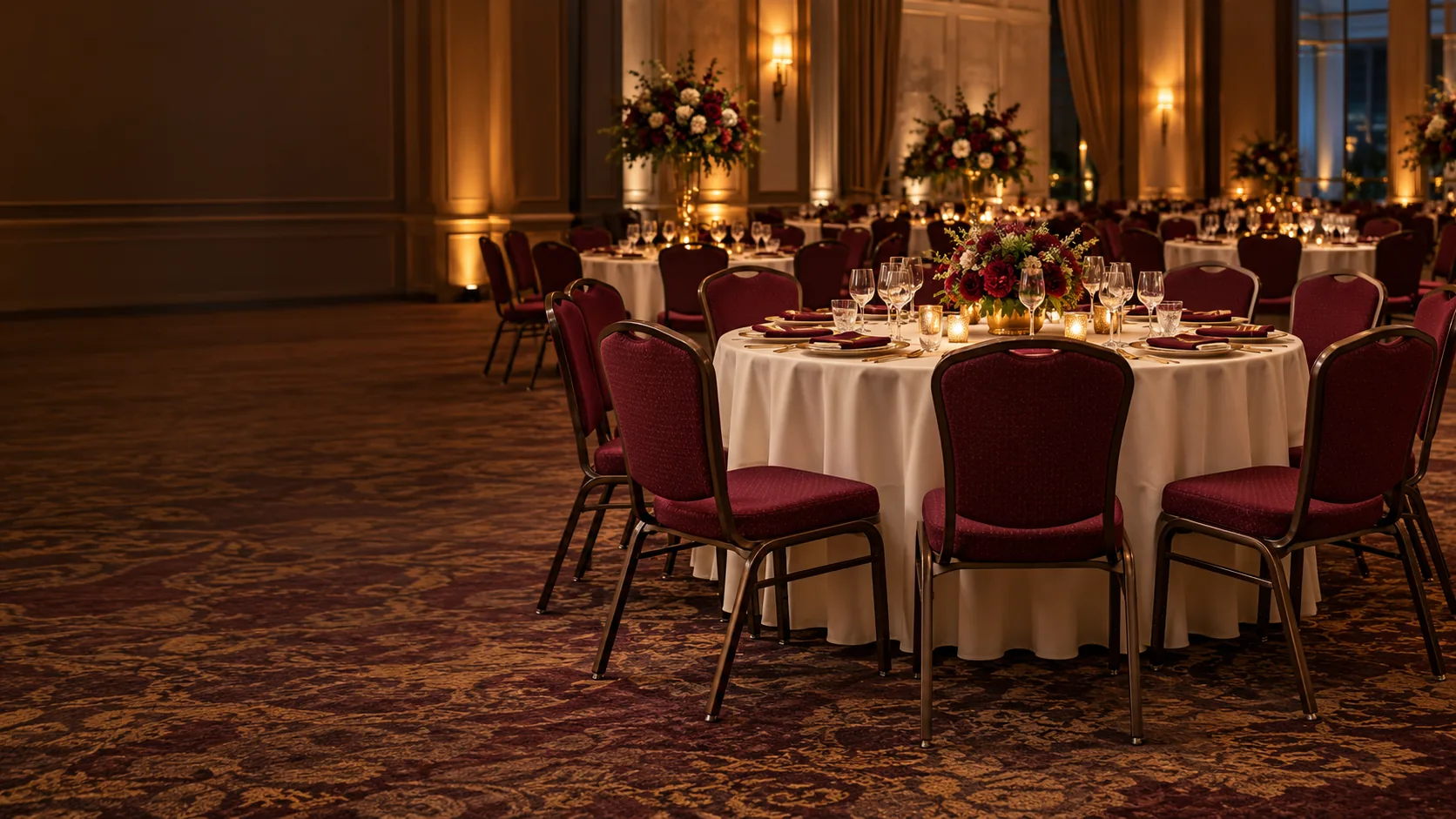 A ballroom set for an event with freshly recovered banquet chairs