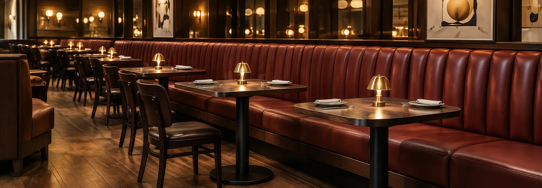 A channelled banquette wall run with tables set
