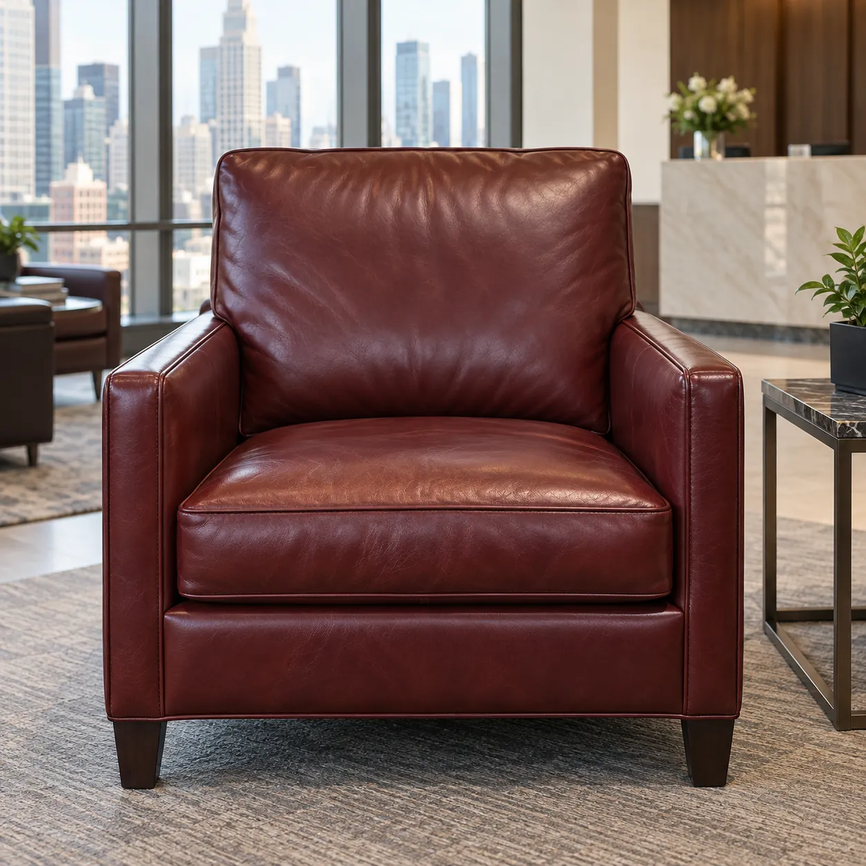 After: the same red leather armchair repaired, color and finish even
