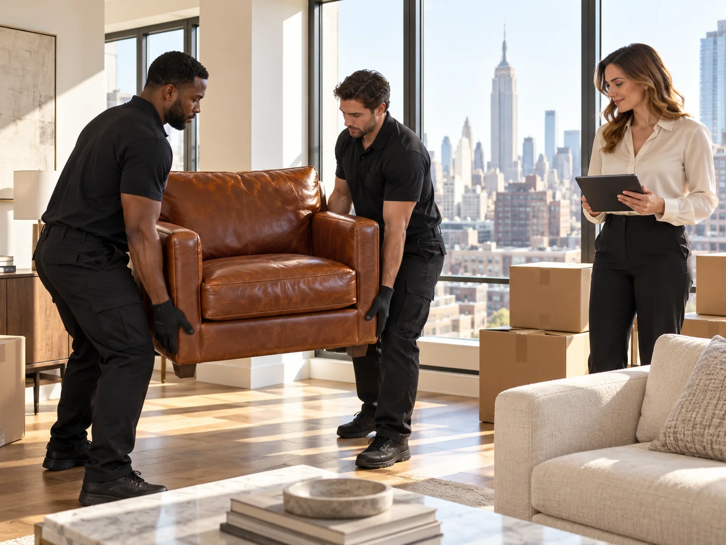 Movers placing a leather armchair in a new home