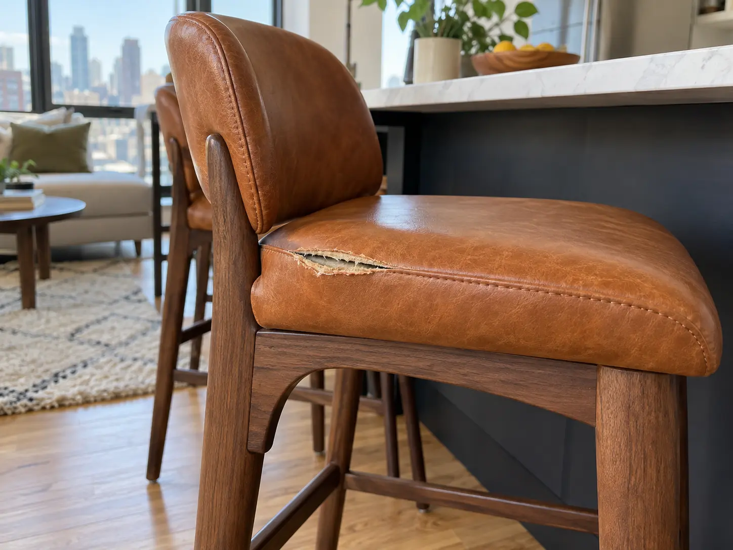 A split bar stool seat in a rental kitchen