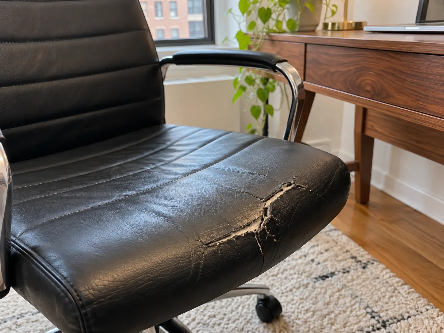 A cracked desk chair seat in a rental