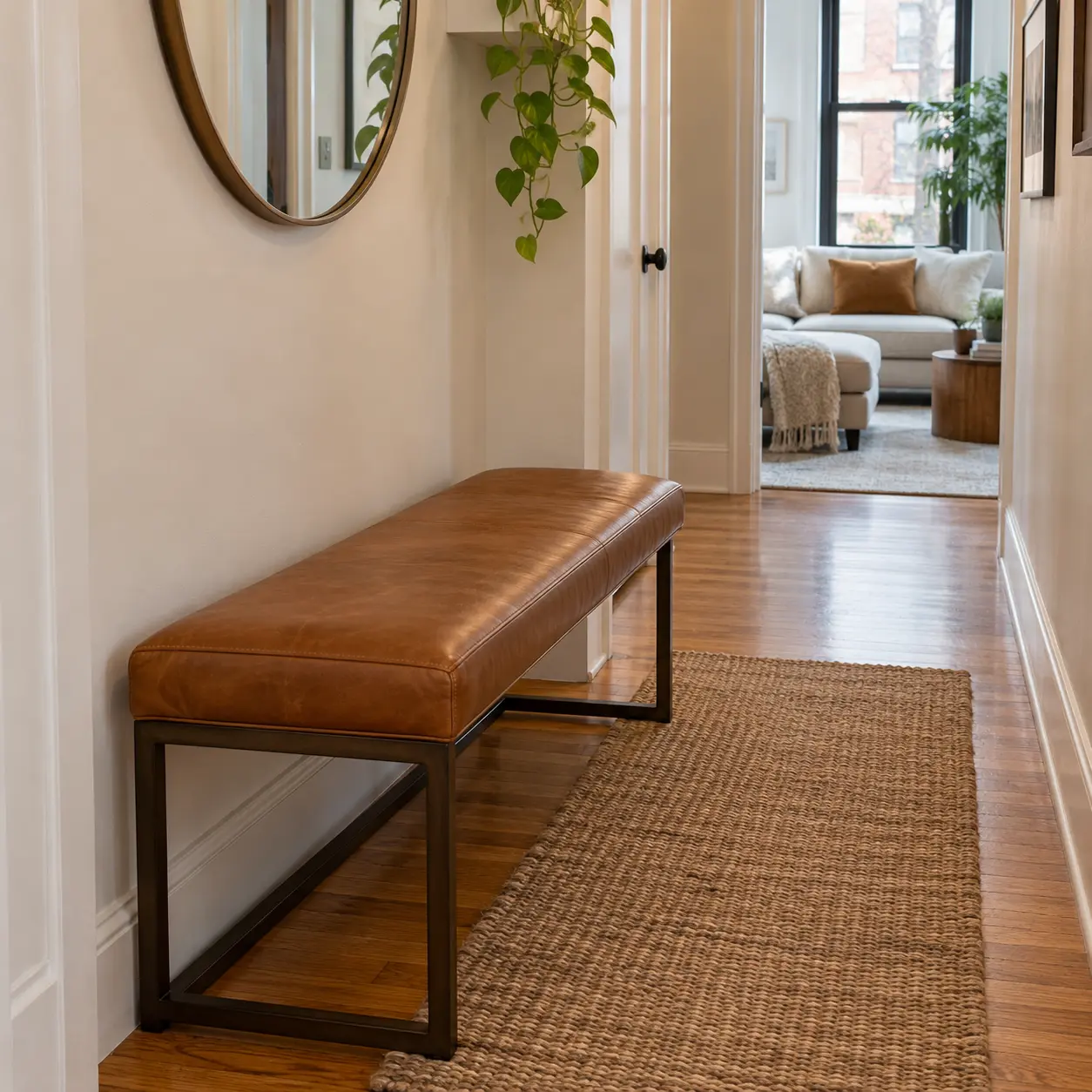An entry bench in a rental hallway