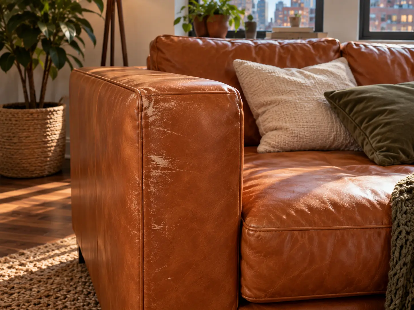 Scuffed cognac sofa arm, before