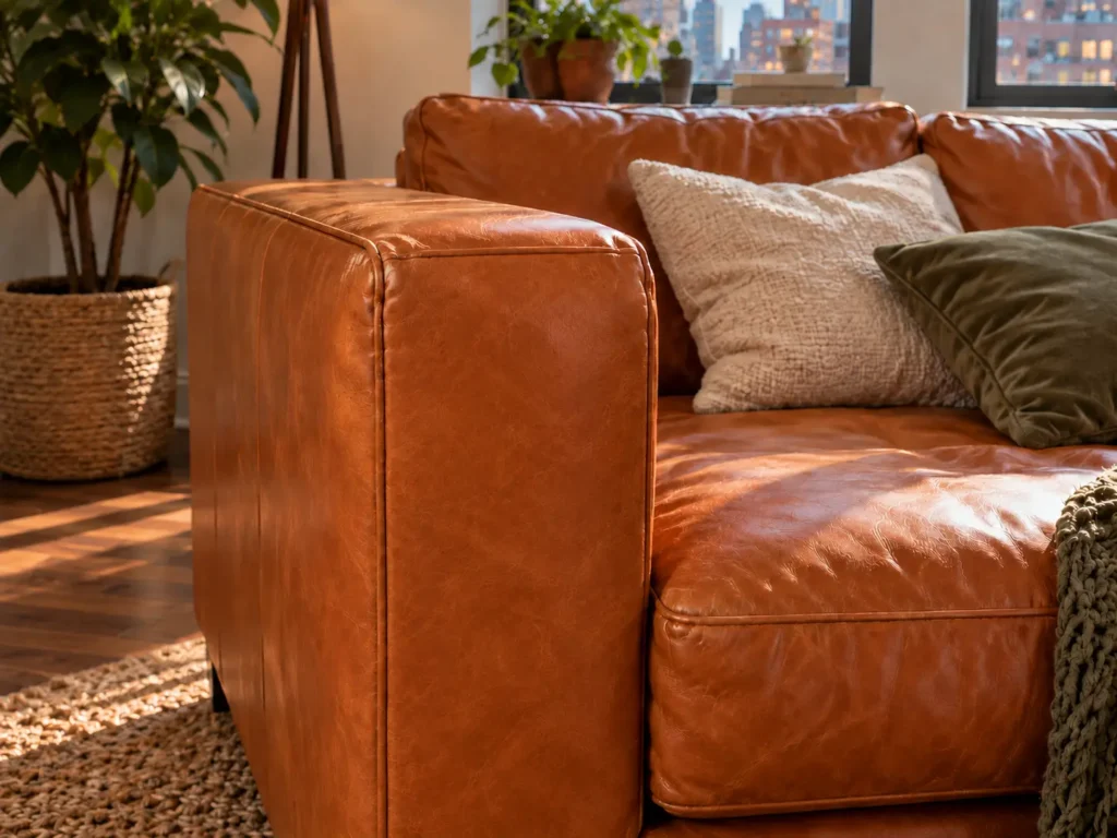 The same sofa arm photographed after repair from the same angle