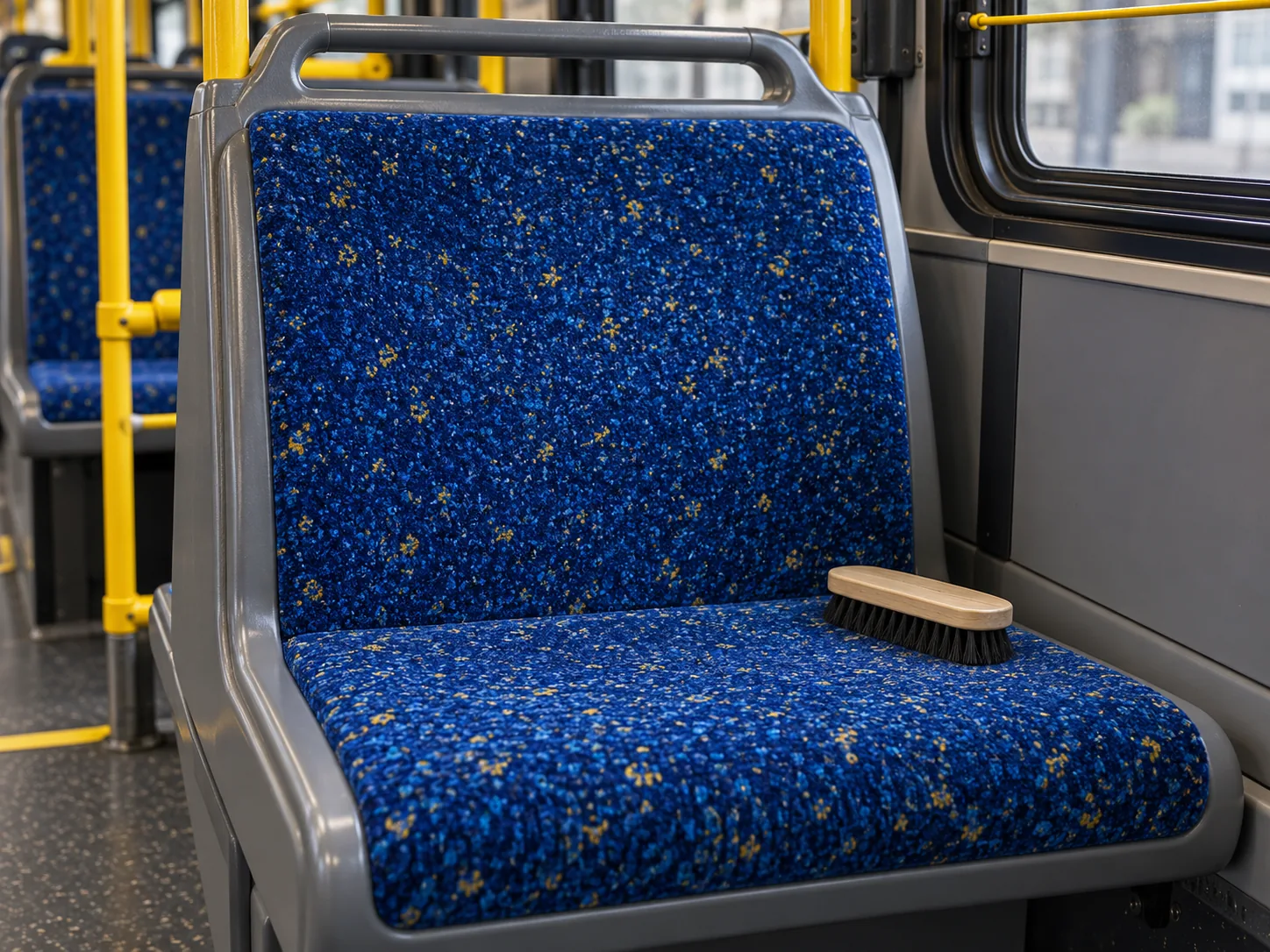 The finished bus seat with the pile brushed back so the mend disappears