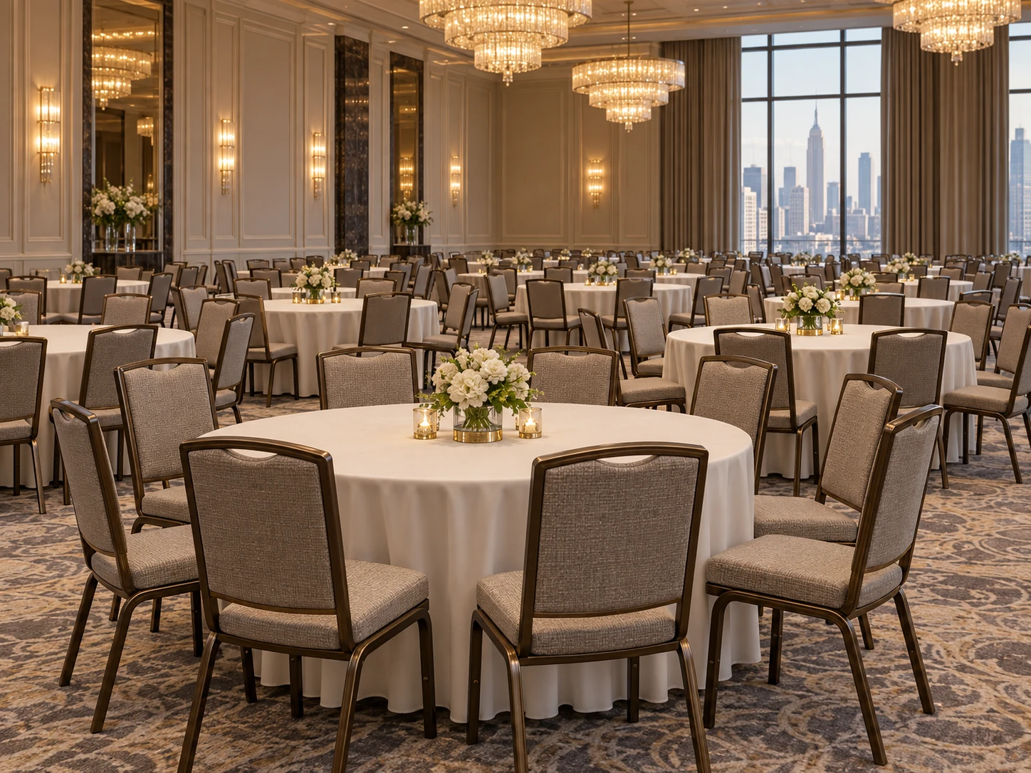 A ballroom reset with reupholstered chairs after the work