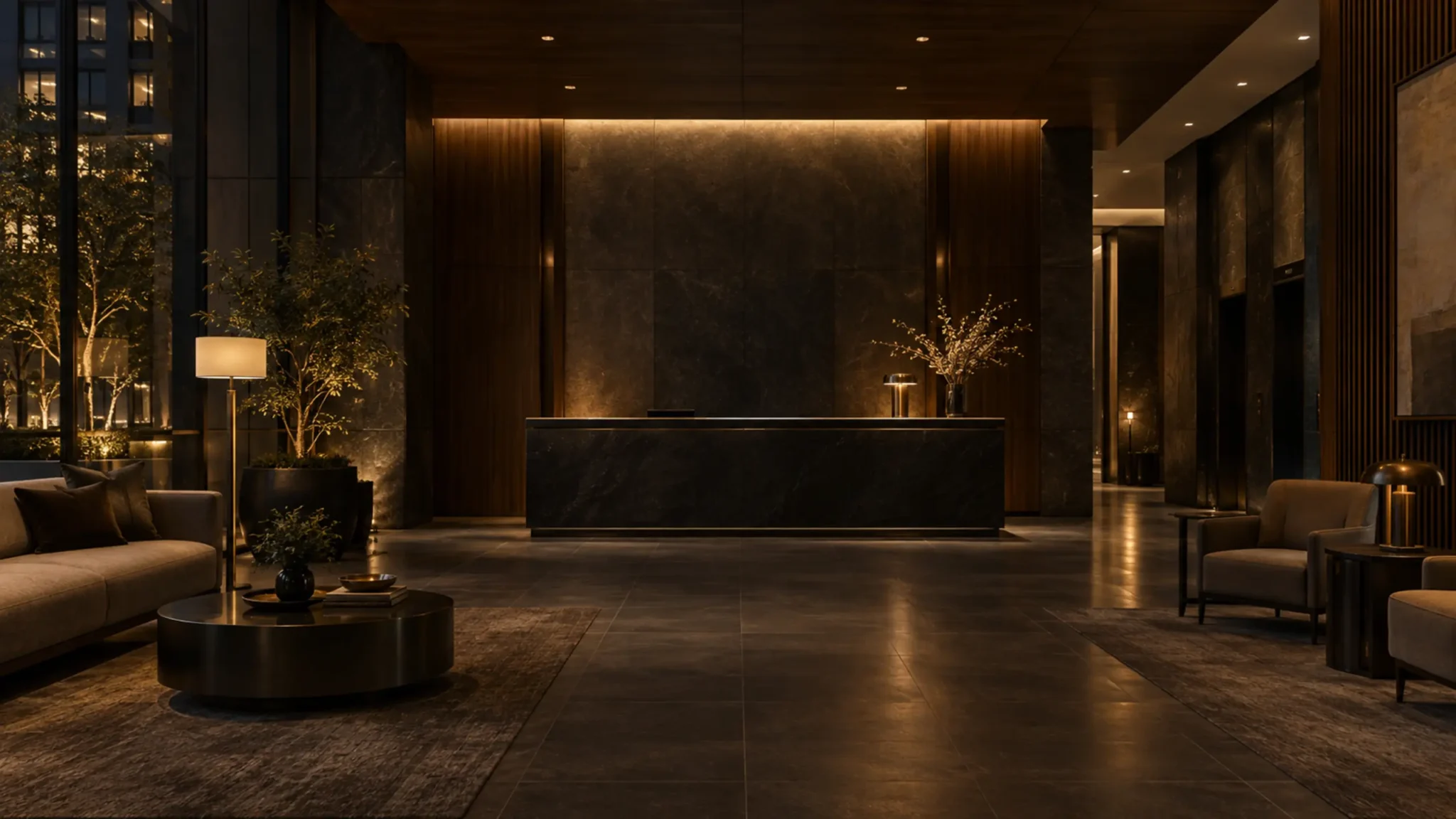 Furniture repair for condo associations Chicago: a residential building lobby with leather seating in the evening