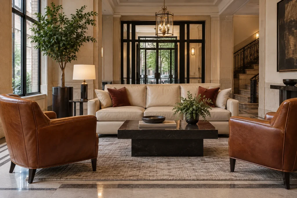 Leather armchairs and a sofa in a bright residential building lobby