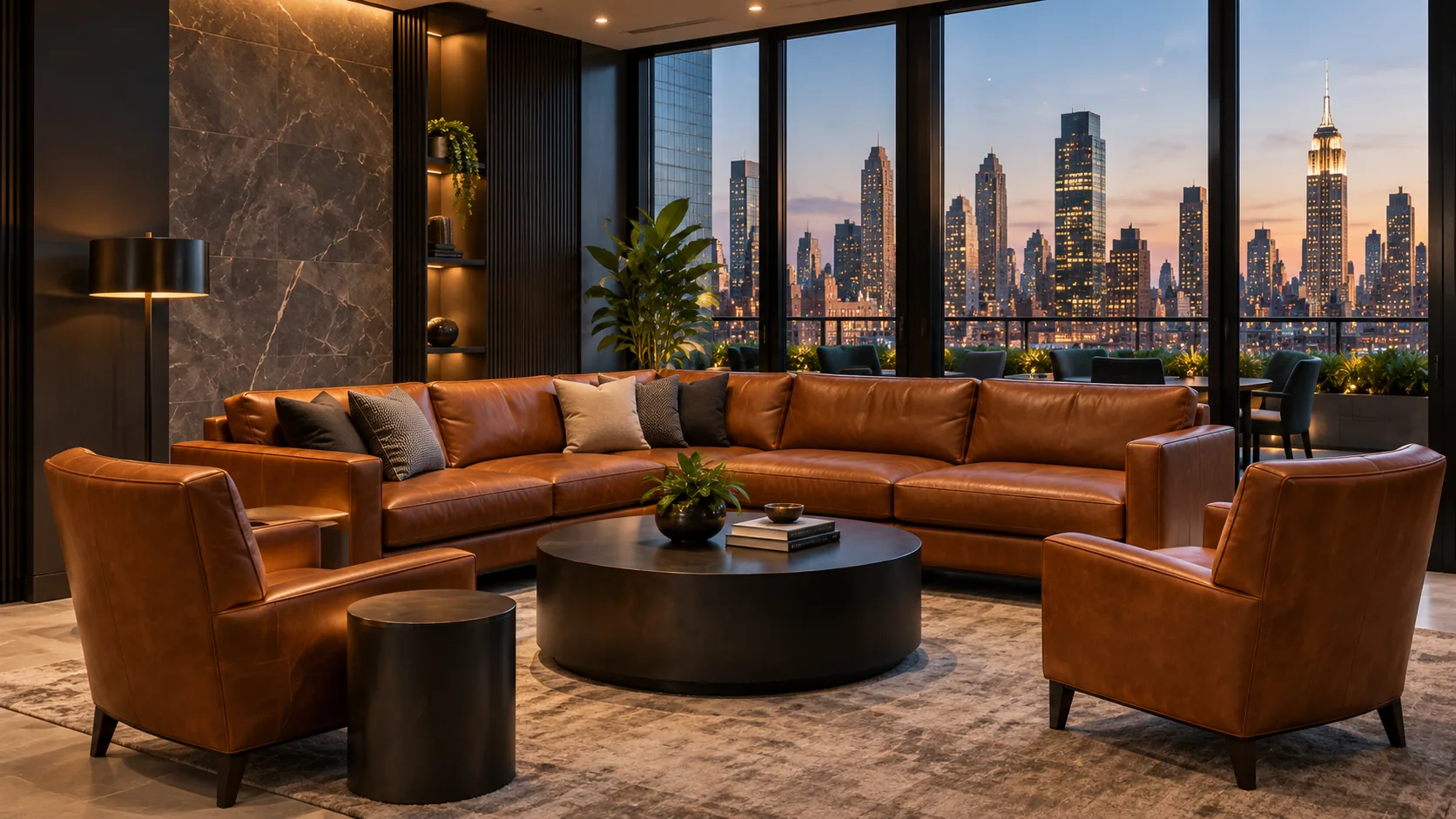 A residential amenity lounge with cognac leather sectional seating and a skyline view